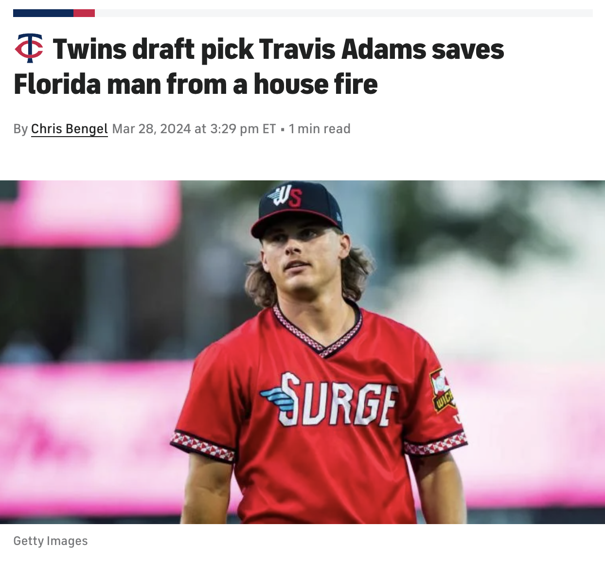 player - Twins draft pick Travis Adams saves Florida man from a house fire By Chris Bengel at Et. 1 min read Getty Images S Surge